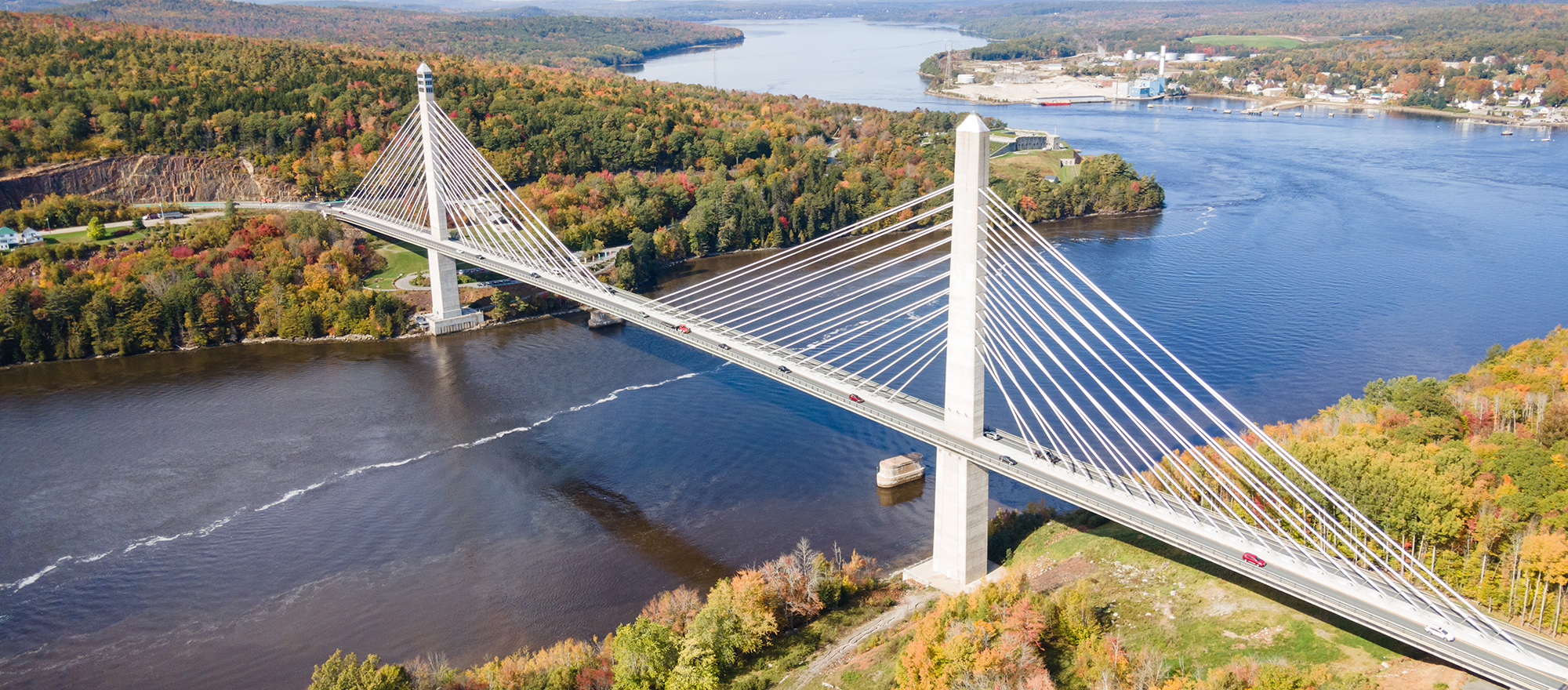 Aerial View of the Penobscot Narrows Bridge in Maine in the Fall Penobscot Bridge